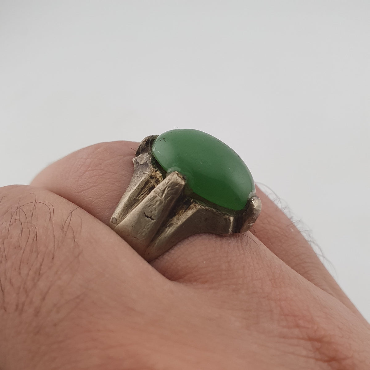 Antique Rustic Brass Ring with Green Jade Stone