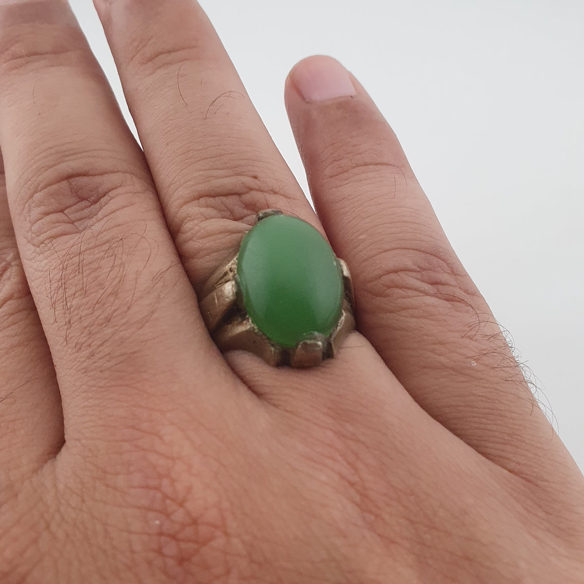 Antique Rustic Brass Ring with Green Jade Stone