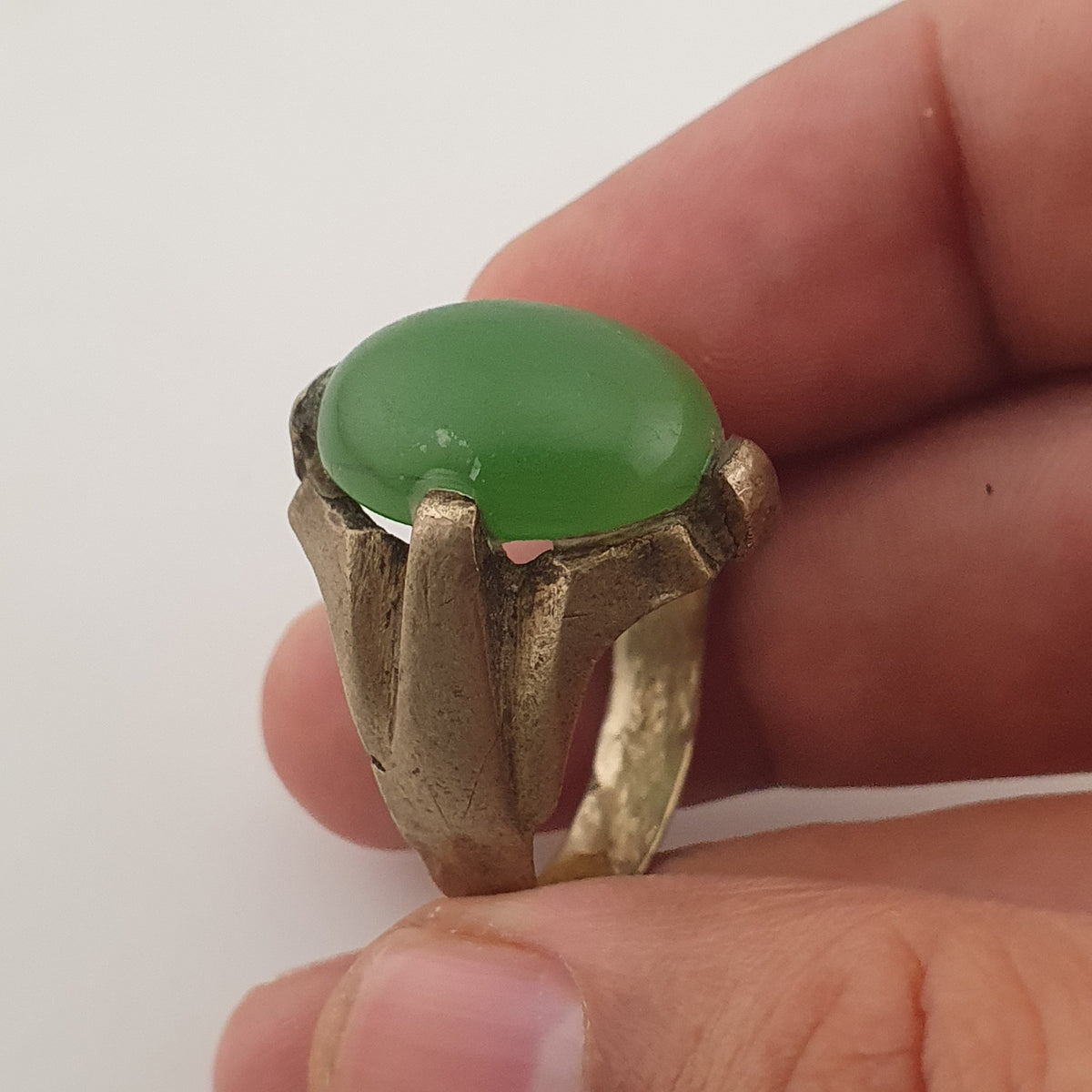 Antique Rustic Brass Ring with Green Jade Stone