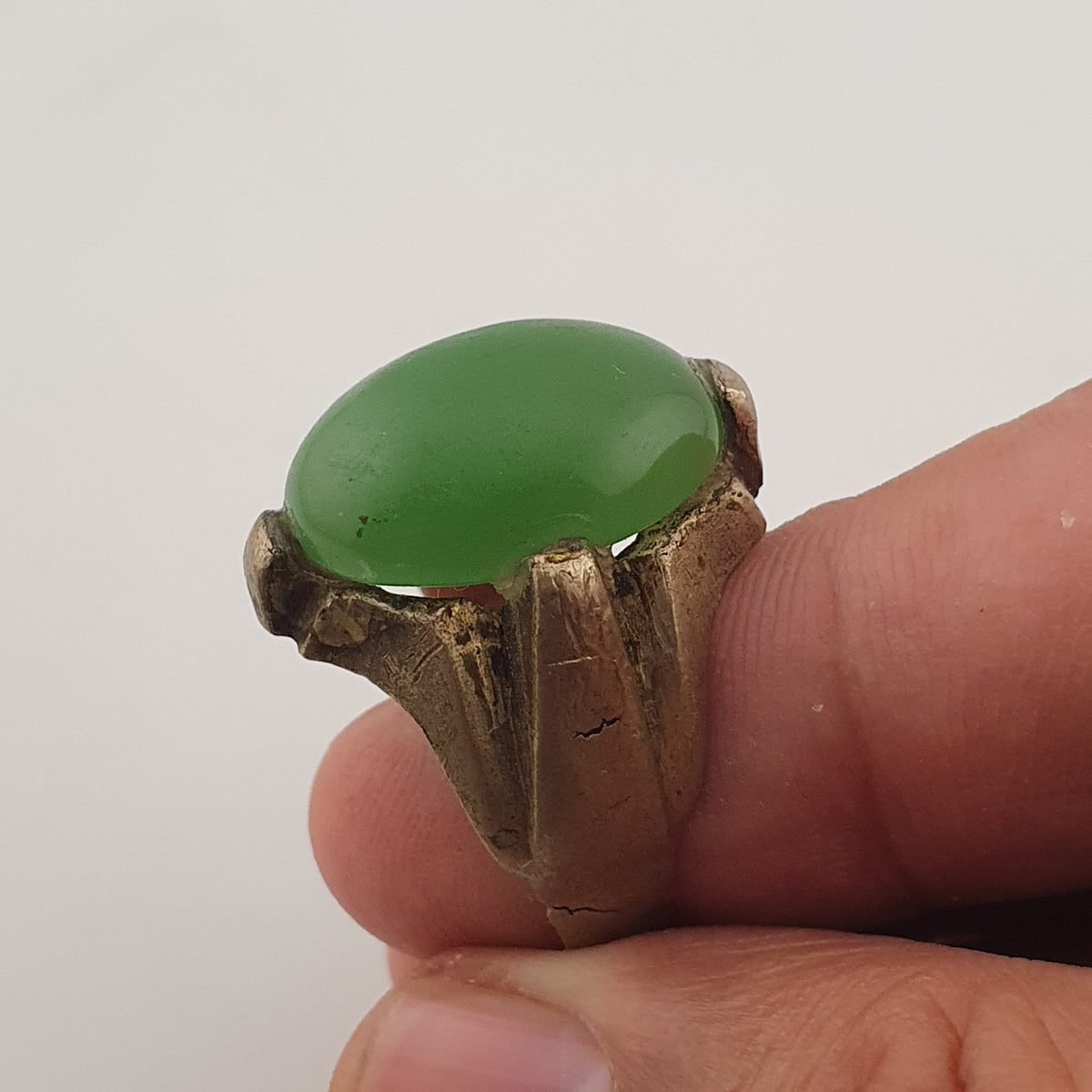 Antique Rustic Brass Ring with Green Jade Stone