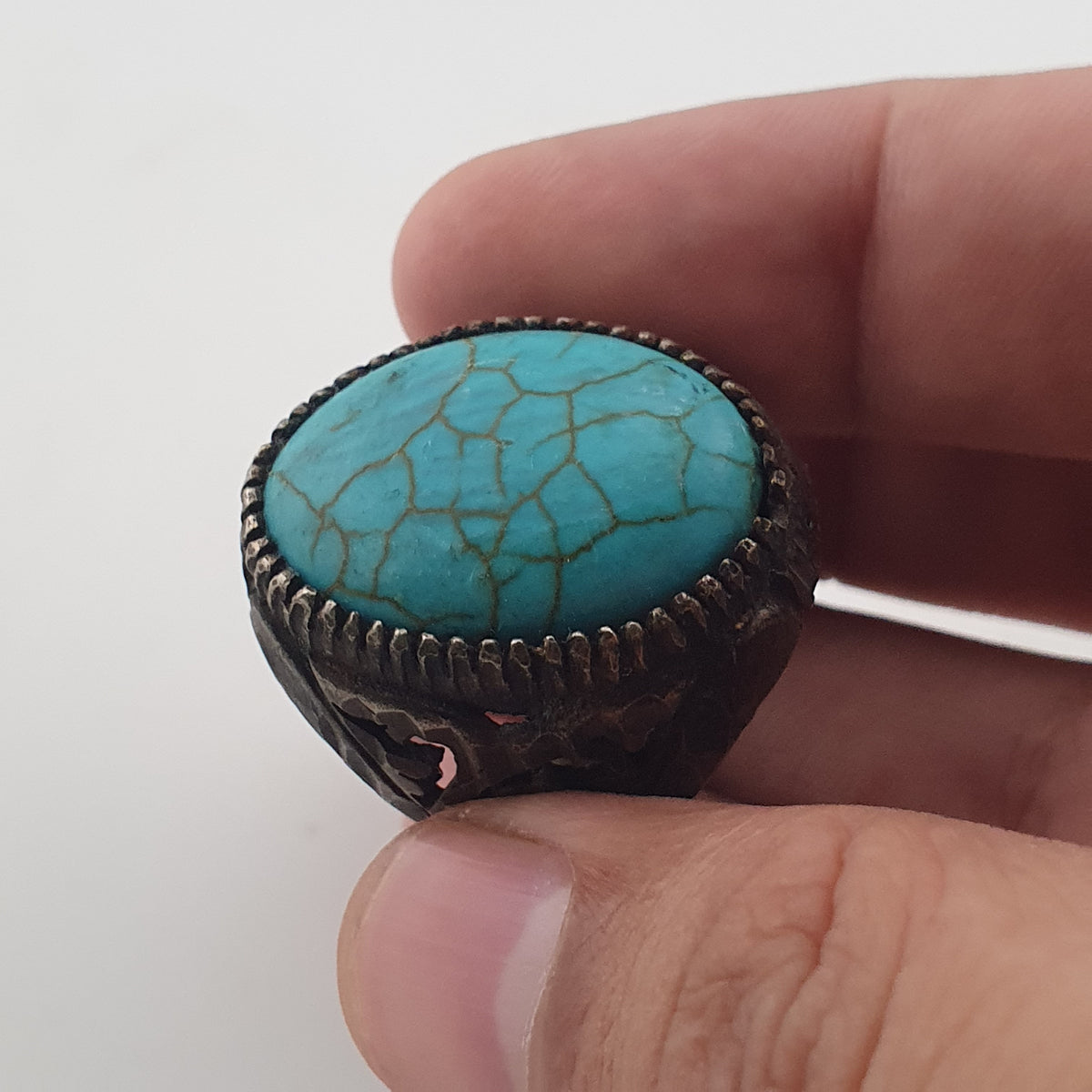 Ancient Style Handmade Brass Ring with Turquoise Howlite Stone