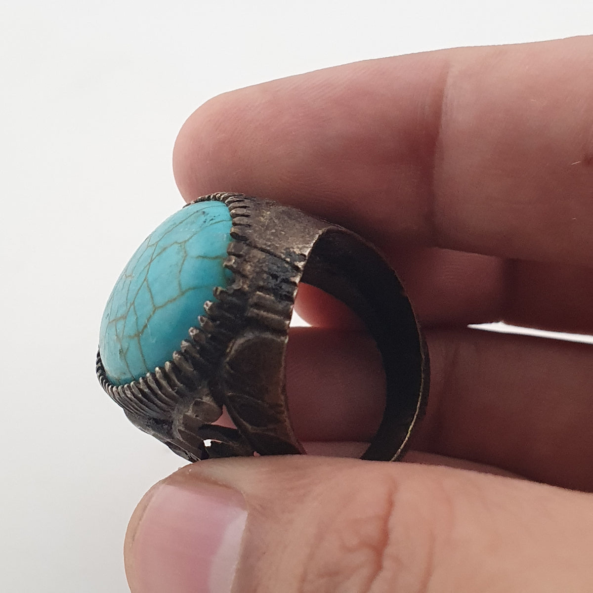 Ancient Style Handmade Brass Ring with Turquoise Howlite Stone