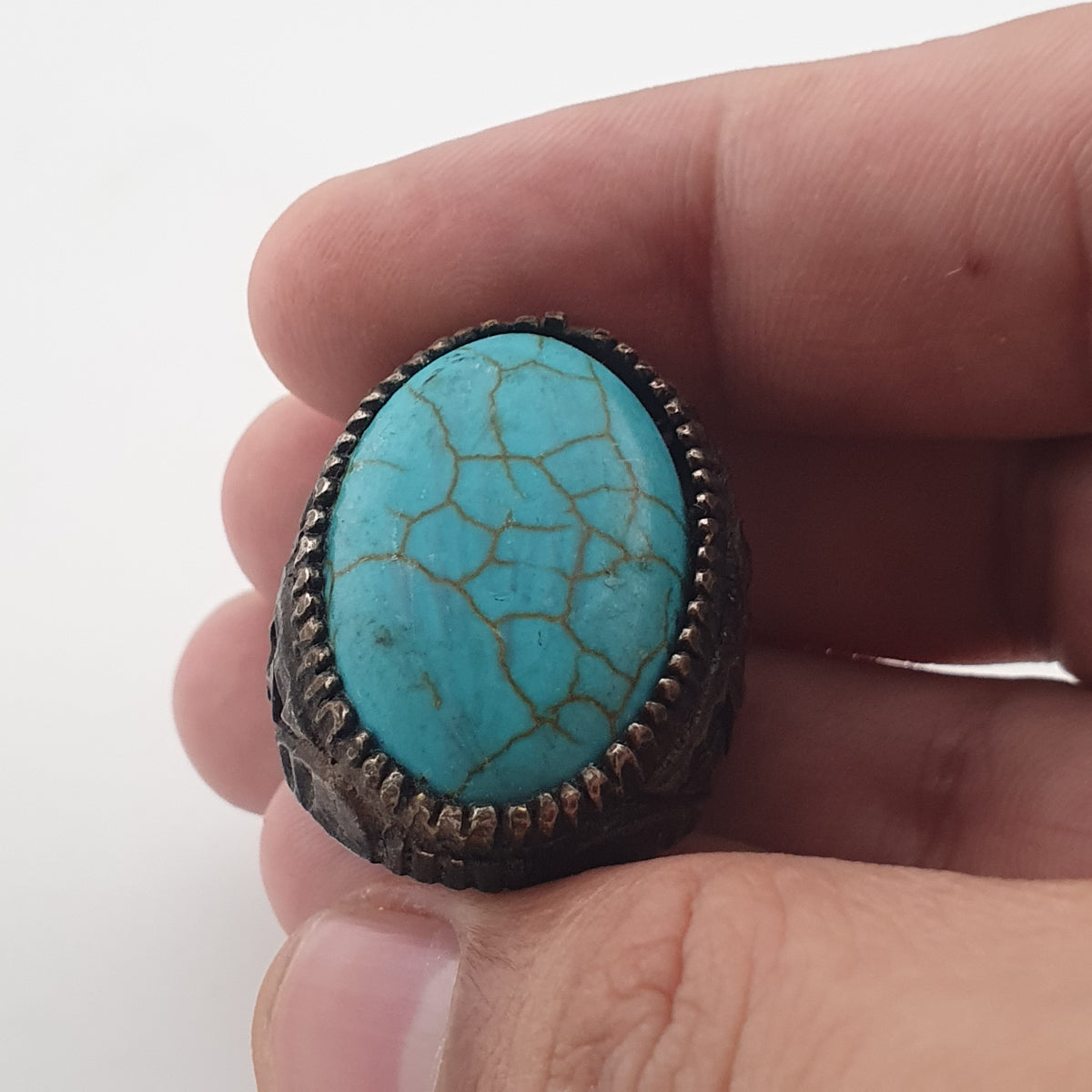 Ancient Style Handmade Brass Ring with Turquoise Howlite Stone