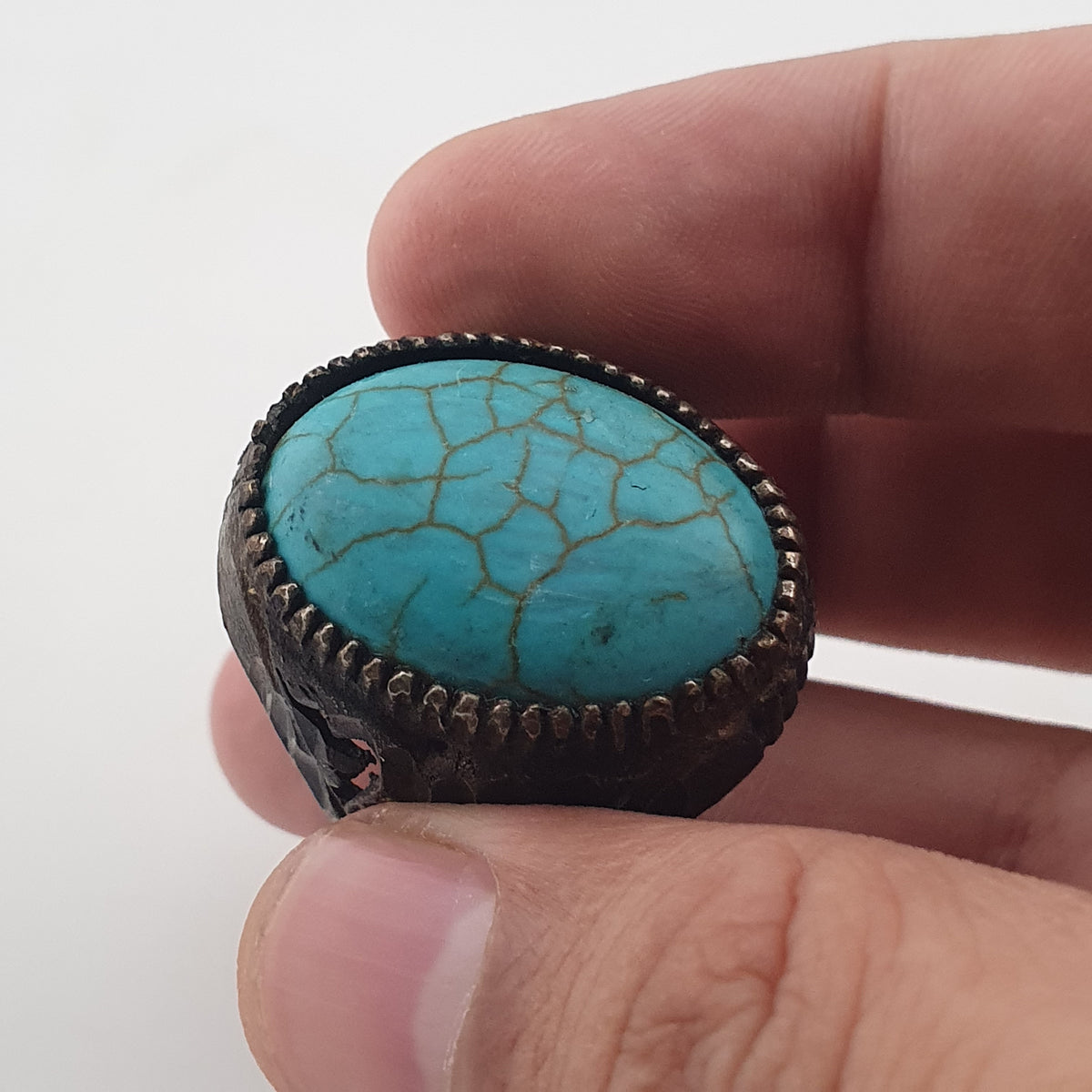 Ancient Style Handmade Brass Ring with Turquoise Howlite Stone