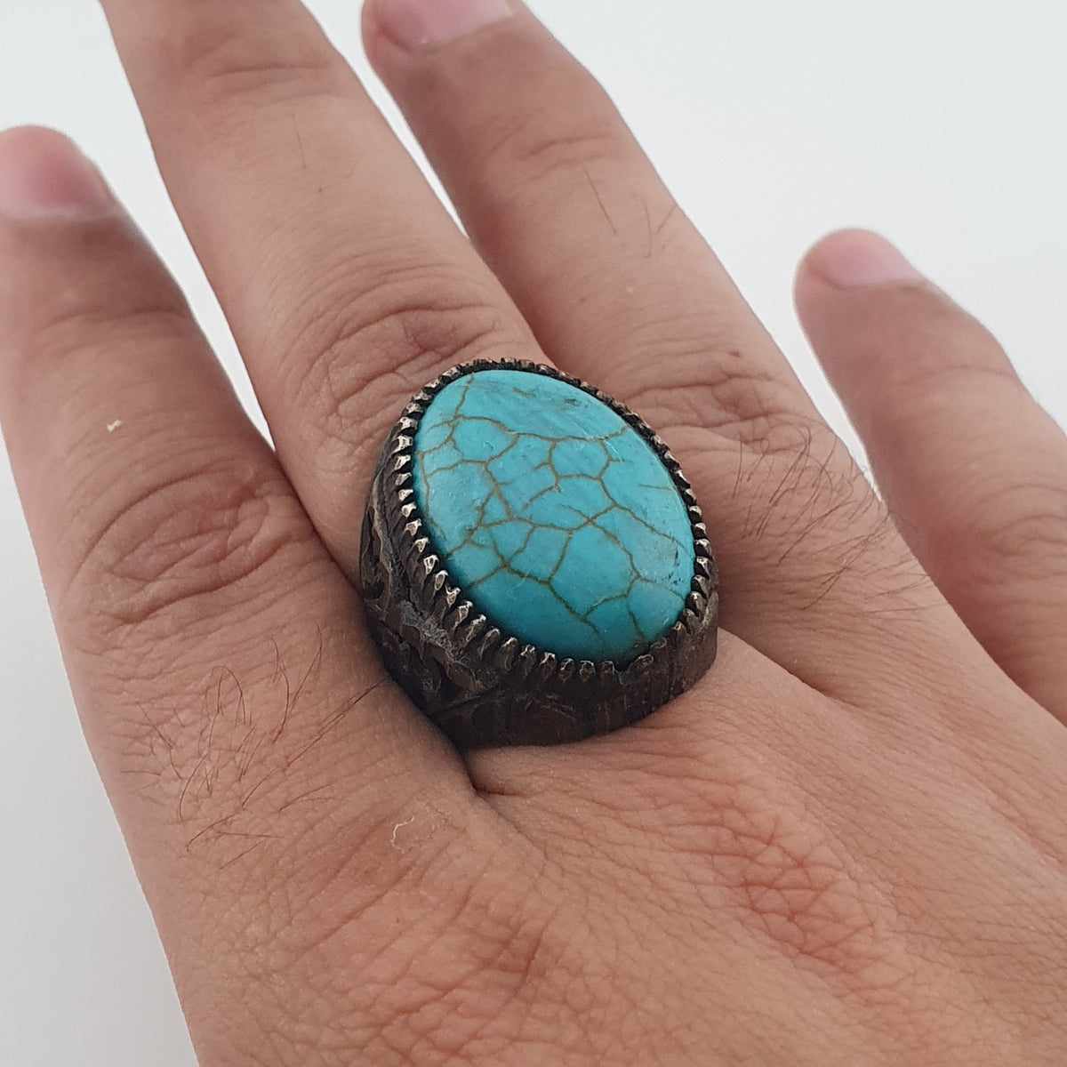 Ancient Style Handmade Brass Ring with Turquoise Howlite Stone