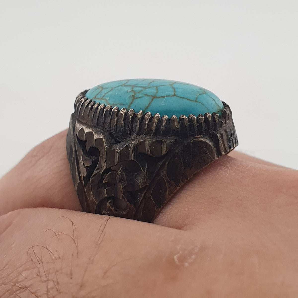 Ancient Style Handmade Brass Ring with Turquoise Howlite Stone