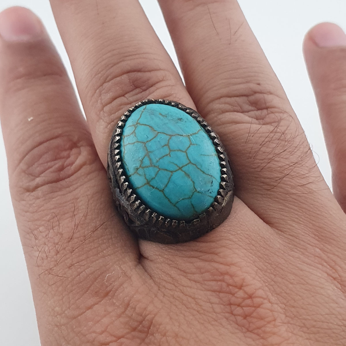 Ancient Style Handmade Brass Ring with Turquoise Howlite Stone