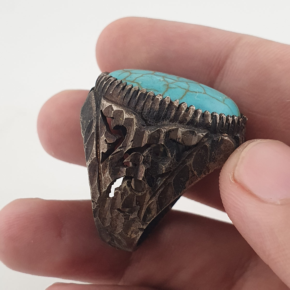 Ancient Style Handmade Brass Ring with Turquoise Howlite Stone