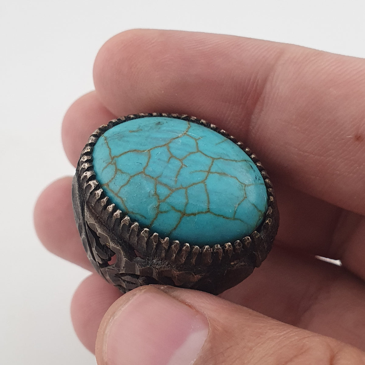 Ancient Style Handmade Brass Ring with Turquoise Howlite Stone