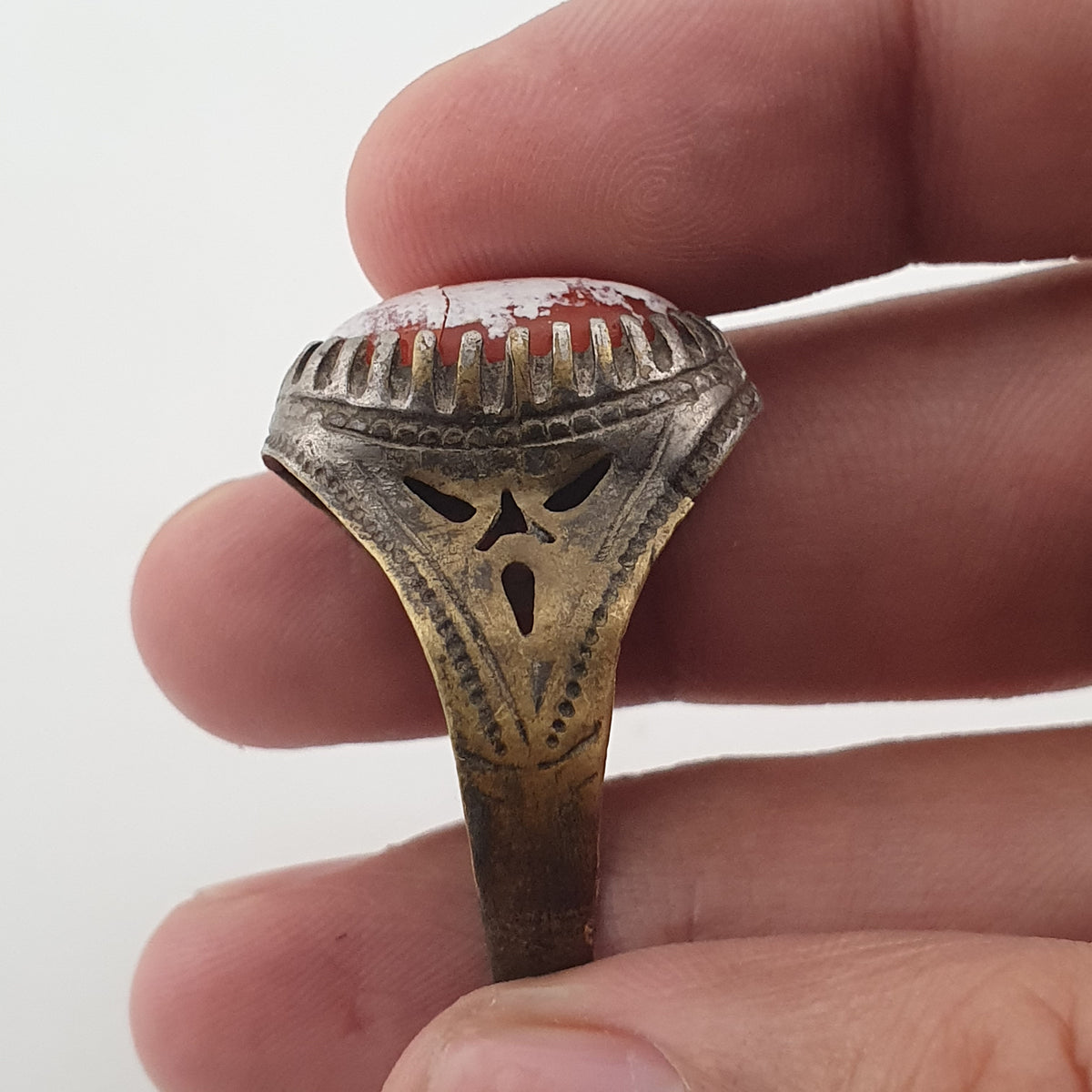 Ancient Handmade Brass Ring with Patina Agate Stone