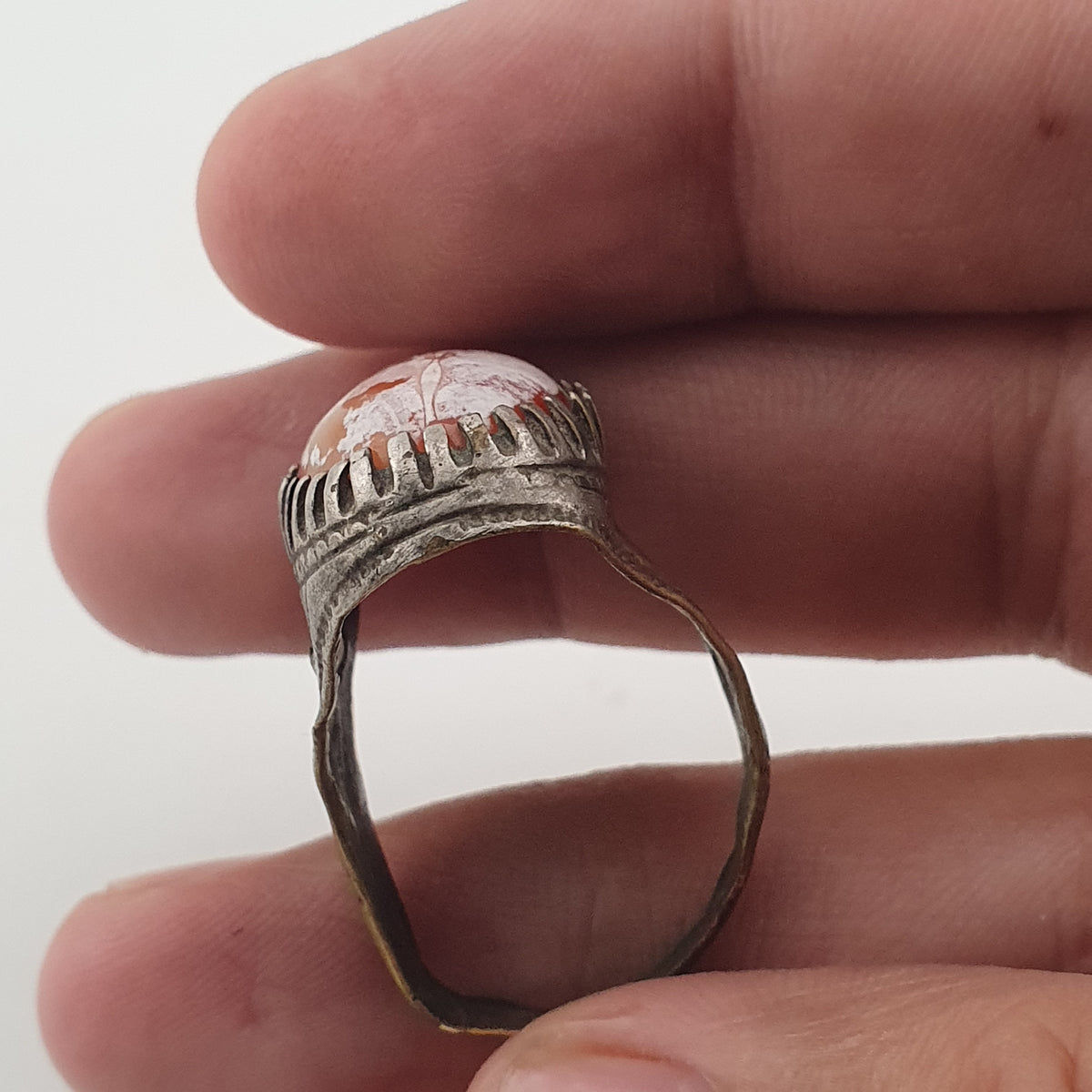 Ancient Handmade Brass Ring with Patina Agate Stone