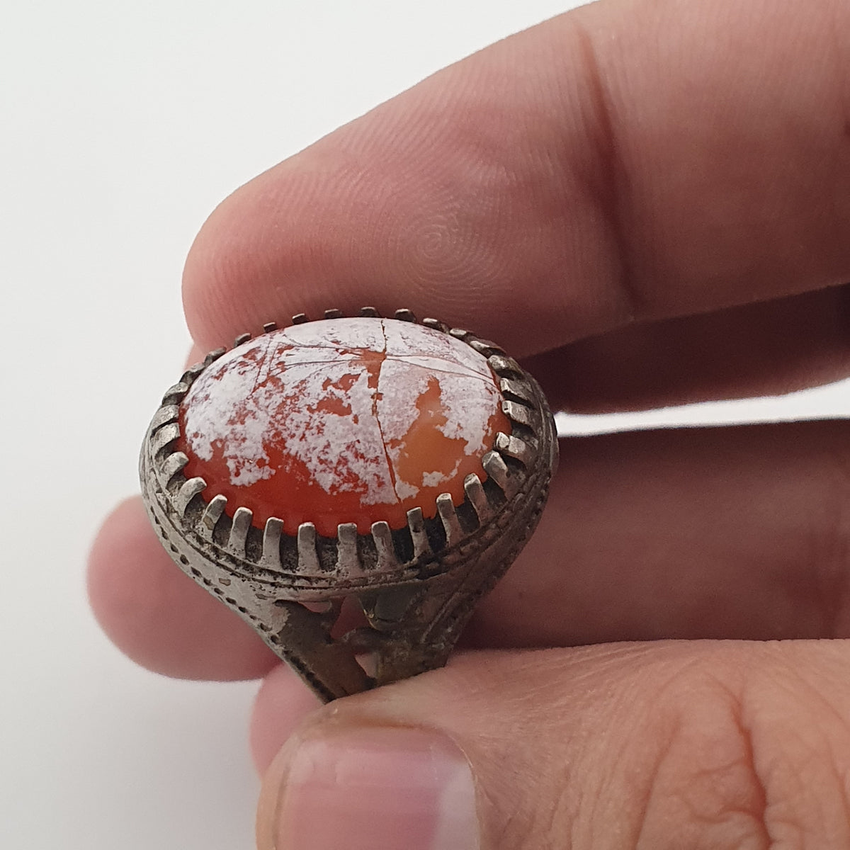 Ancient Handmade Brass Ring with Patina Agate Stone