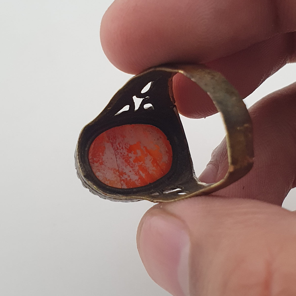 Ancient Handmade Brass Ring with Patina Agate Stone