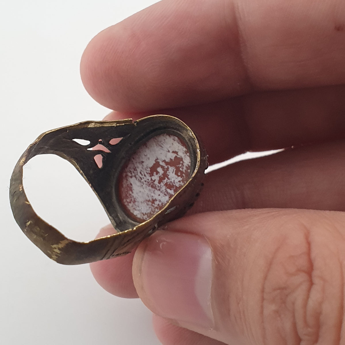 Ancient Handmade Brass Ring with Patina Agate Stone