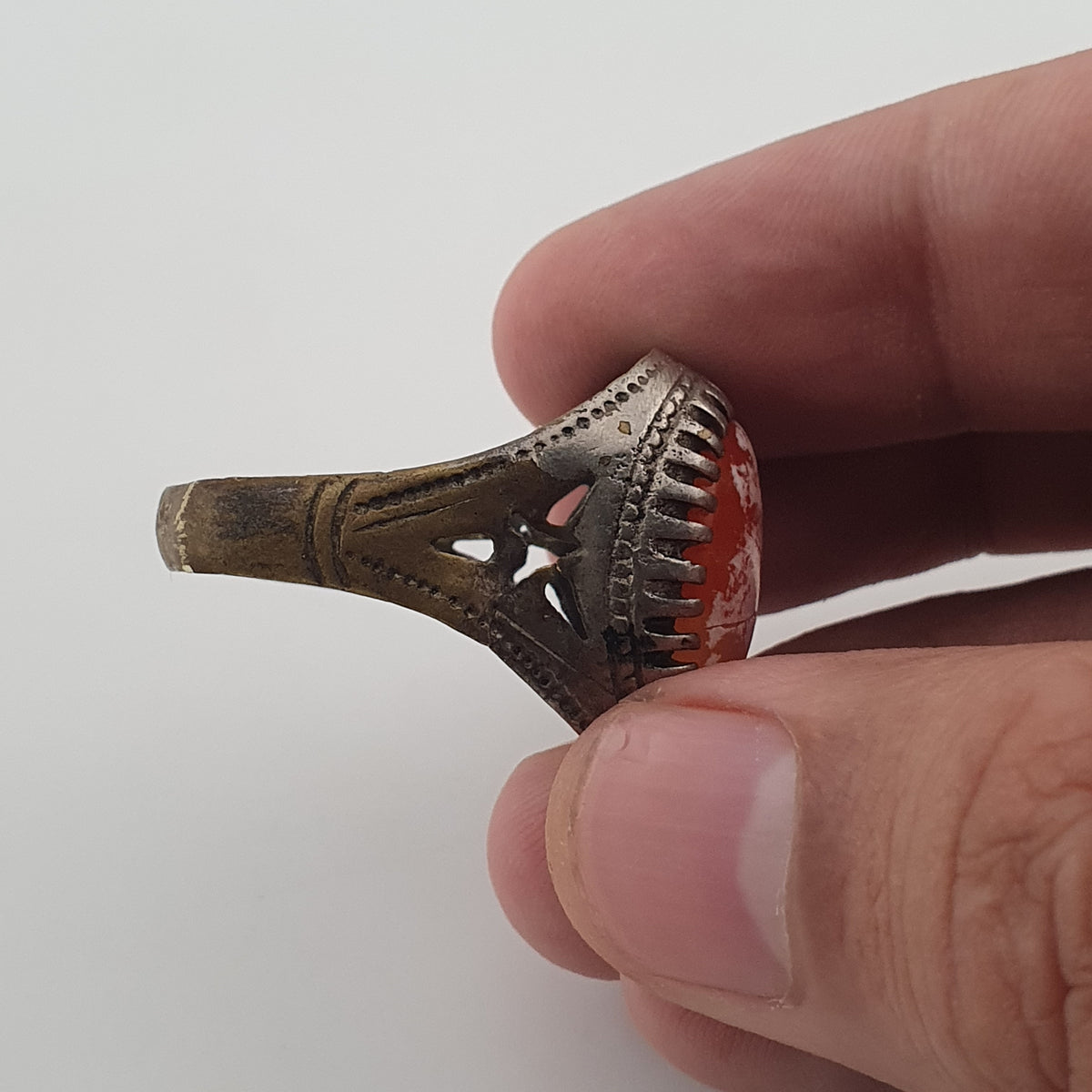 Ancient Handmade Brass Ring with Patina Agate Stone