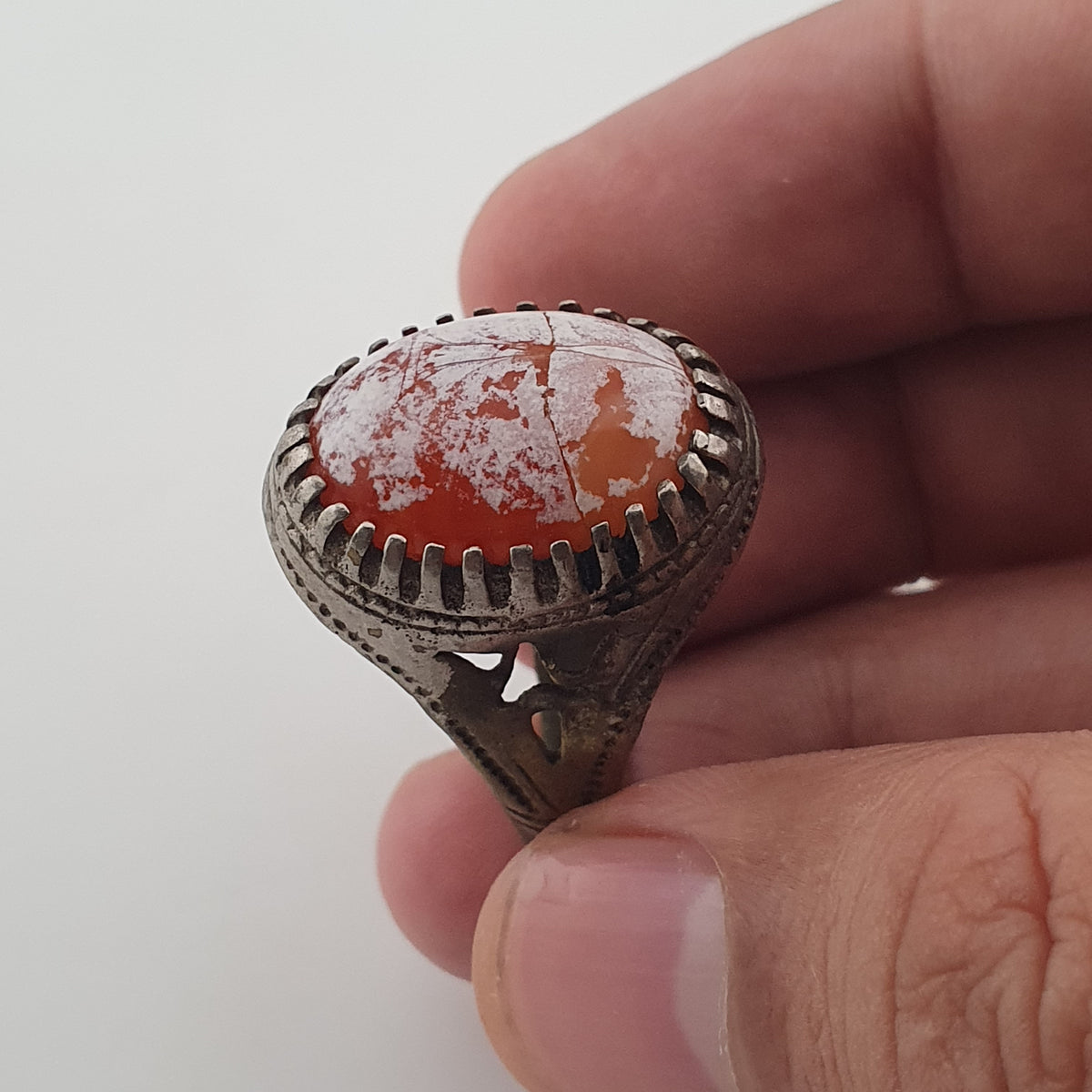 Ancient Handmade Brass Ring with Patina Agate Stone