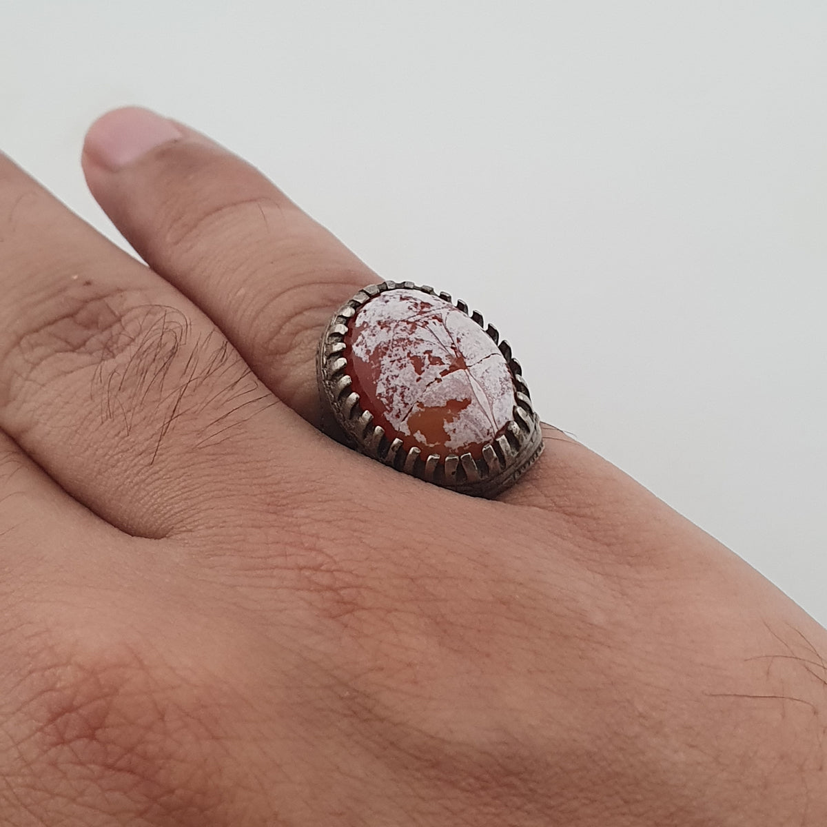 Ancient Handmade Brass Ring with Patina Agate Stone