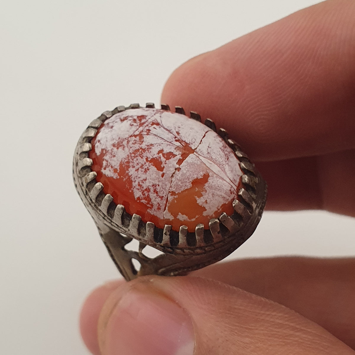 Ancient Handmade Brass Ring with Patina Agate Stone