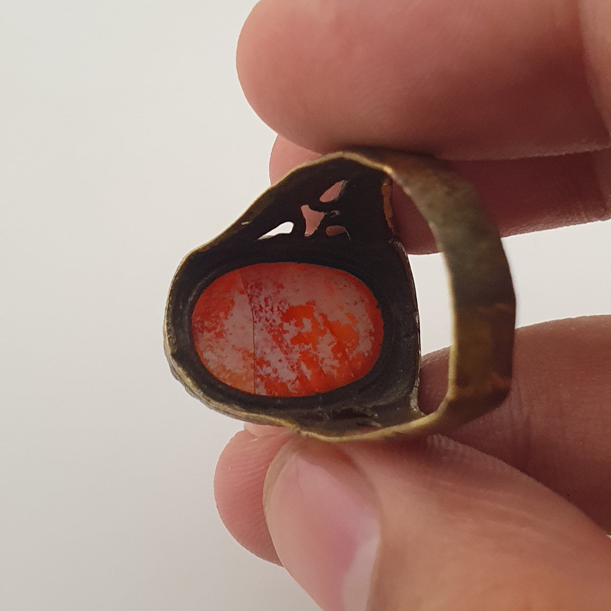 Ancient Handmade Brass Ring with Patina Agate Stone