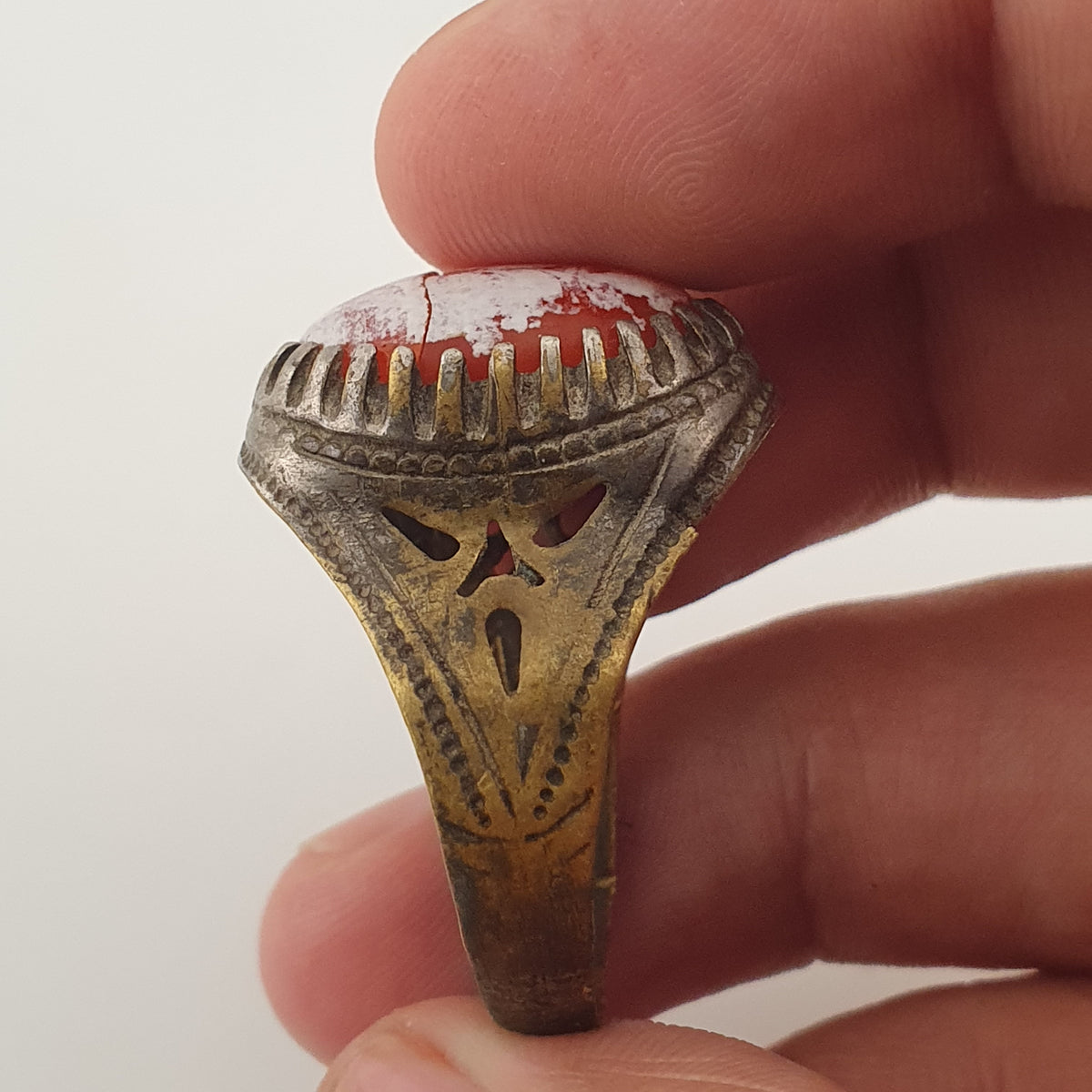 Ancient Handmade Brass Ring with Patina Agate Stone