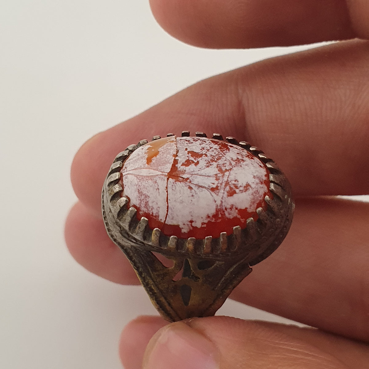 Ancient Handmade Brass Ring with Patina Agate Stone