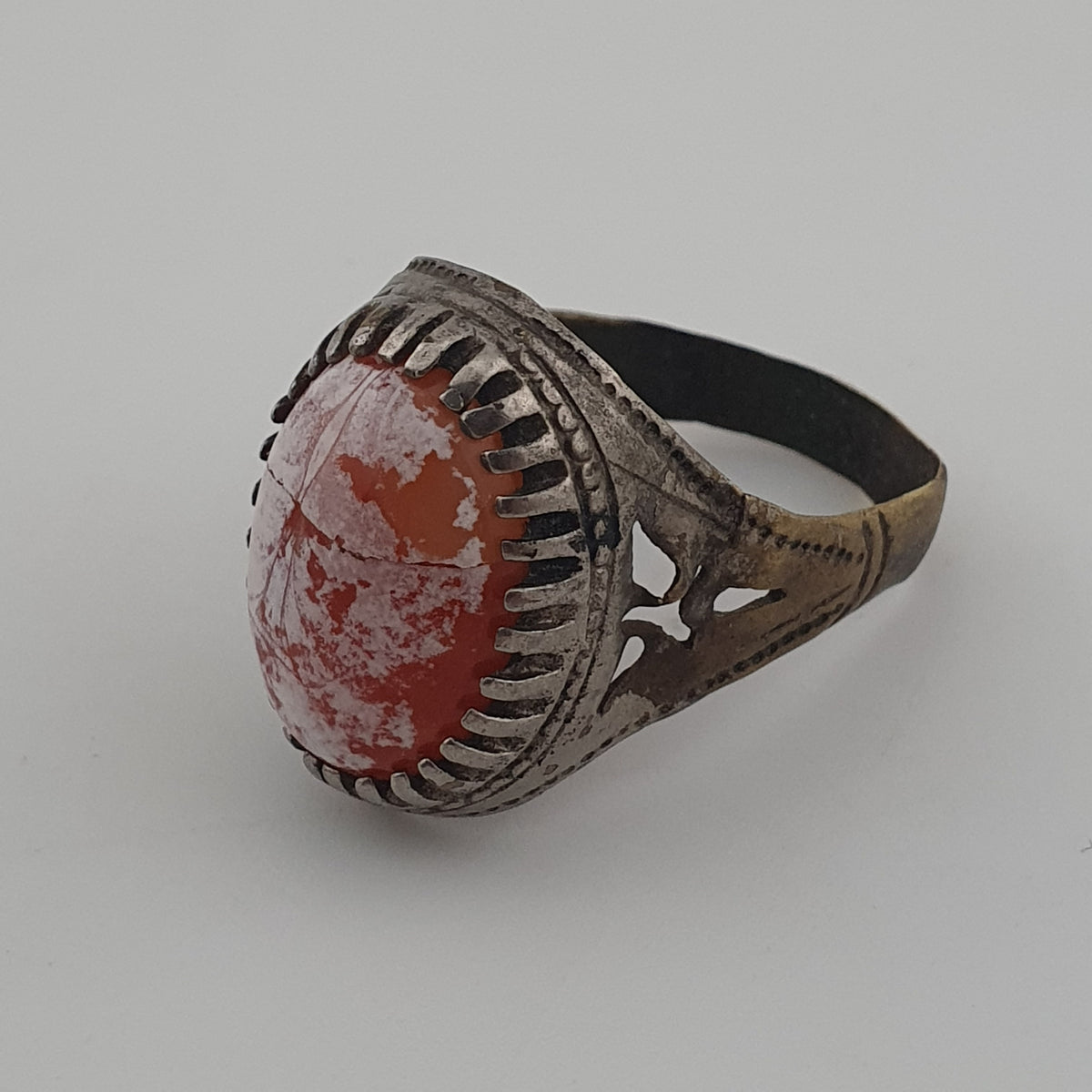 Ancient Handmade Brass Ring with Patina Agate Stone