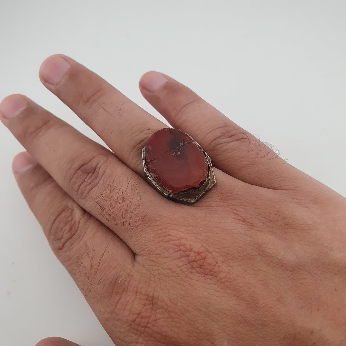 Ancient Handmade Brass Ring with Agate Gemstone