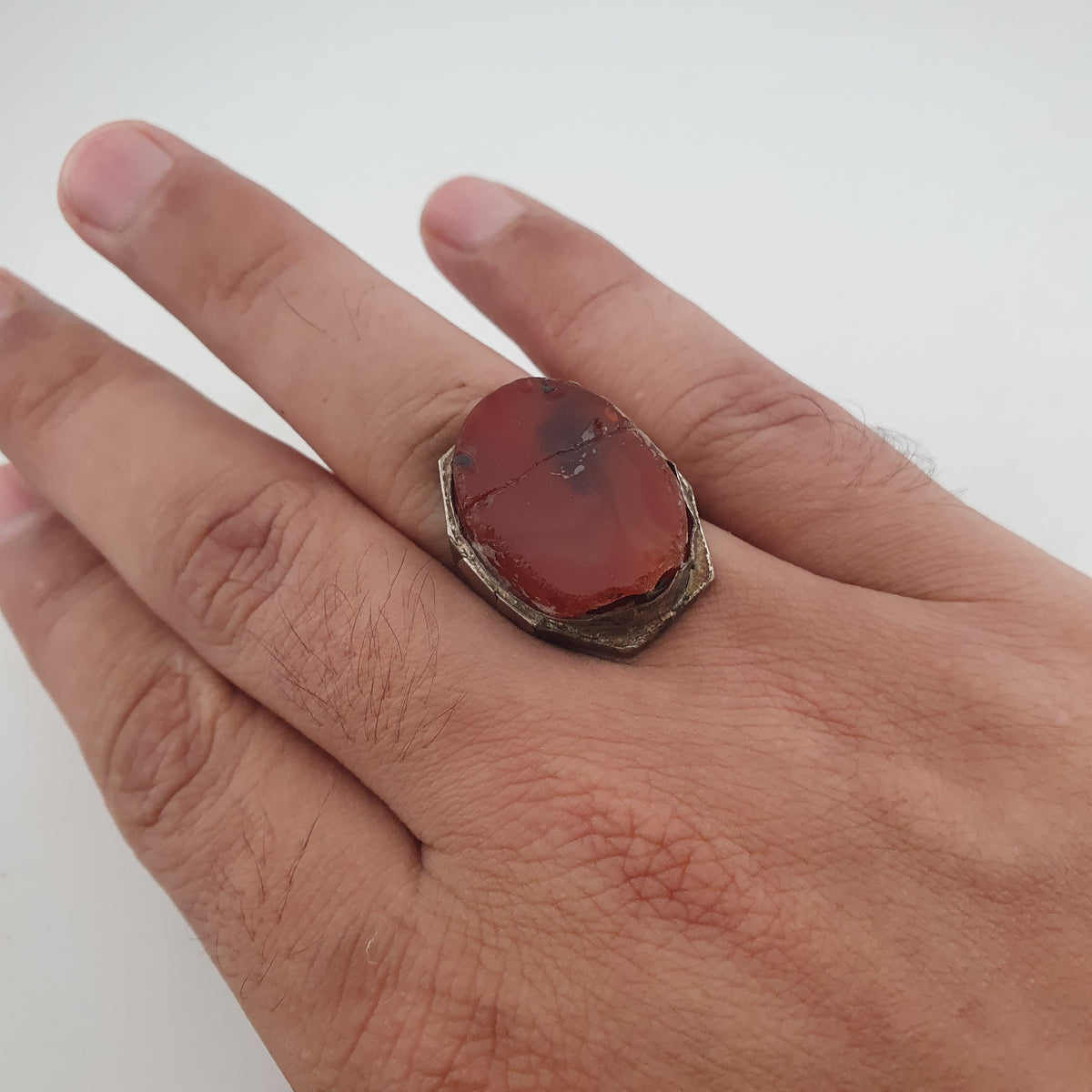 Ancient Handmade Brass Ring with Agate Gemstone