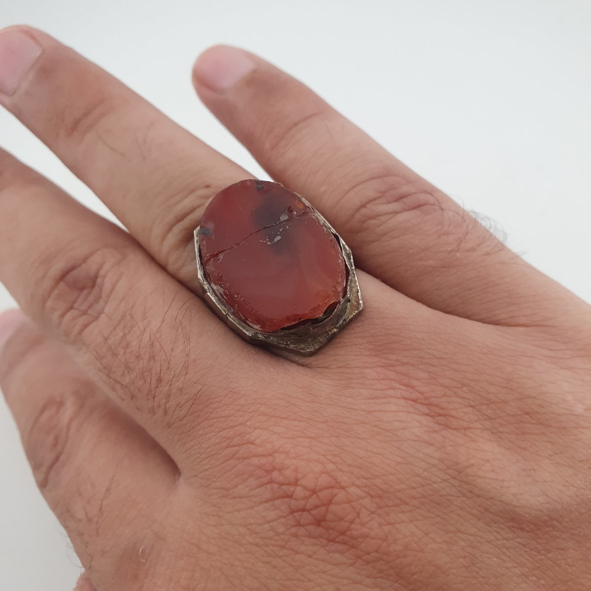 Ancient Handmade Brass Ring with Agate Gemstone