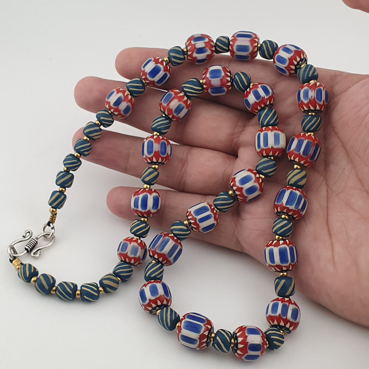 Vintage Venetian Style Chevron & Stripe Trade Glass Beads Necklace