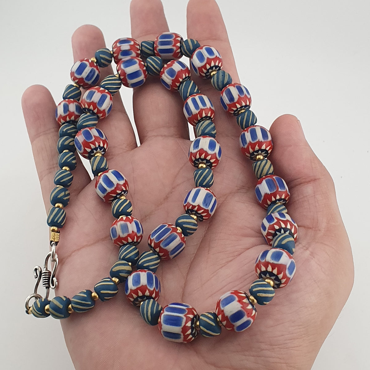 Vintage Venetian Style Chevron & Stripe Trade Glass Beads Necklace