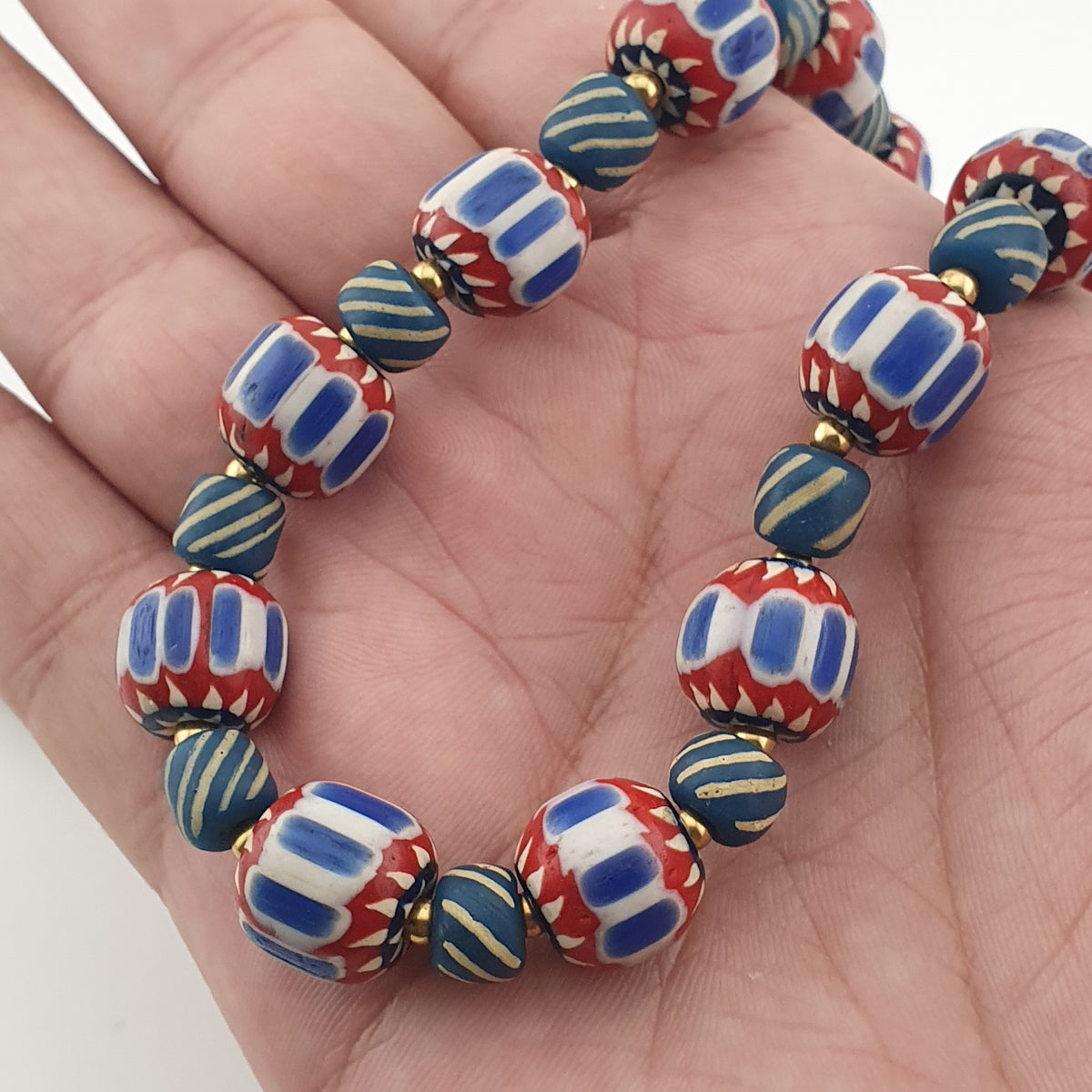 Vintage Venetian Style Chevron & Stripe Trade Glass Beads Necklace
