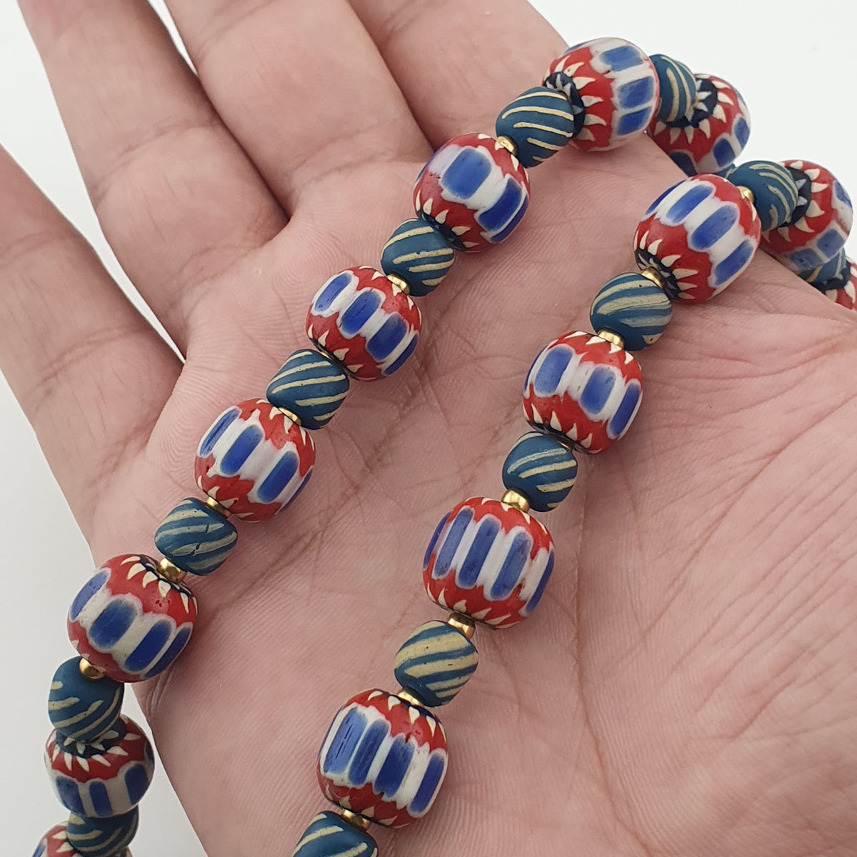 Vintage Venetian Style Chevron & Stripe Trade Glass Beads Necklace