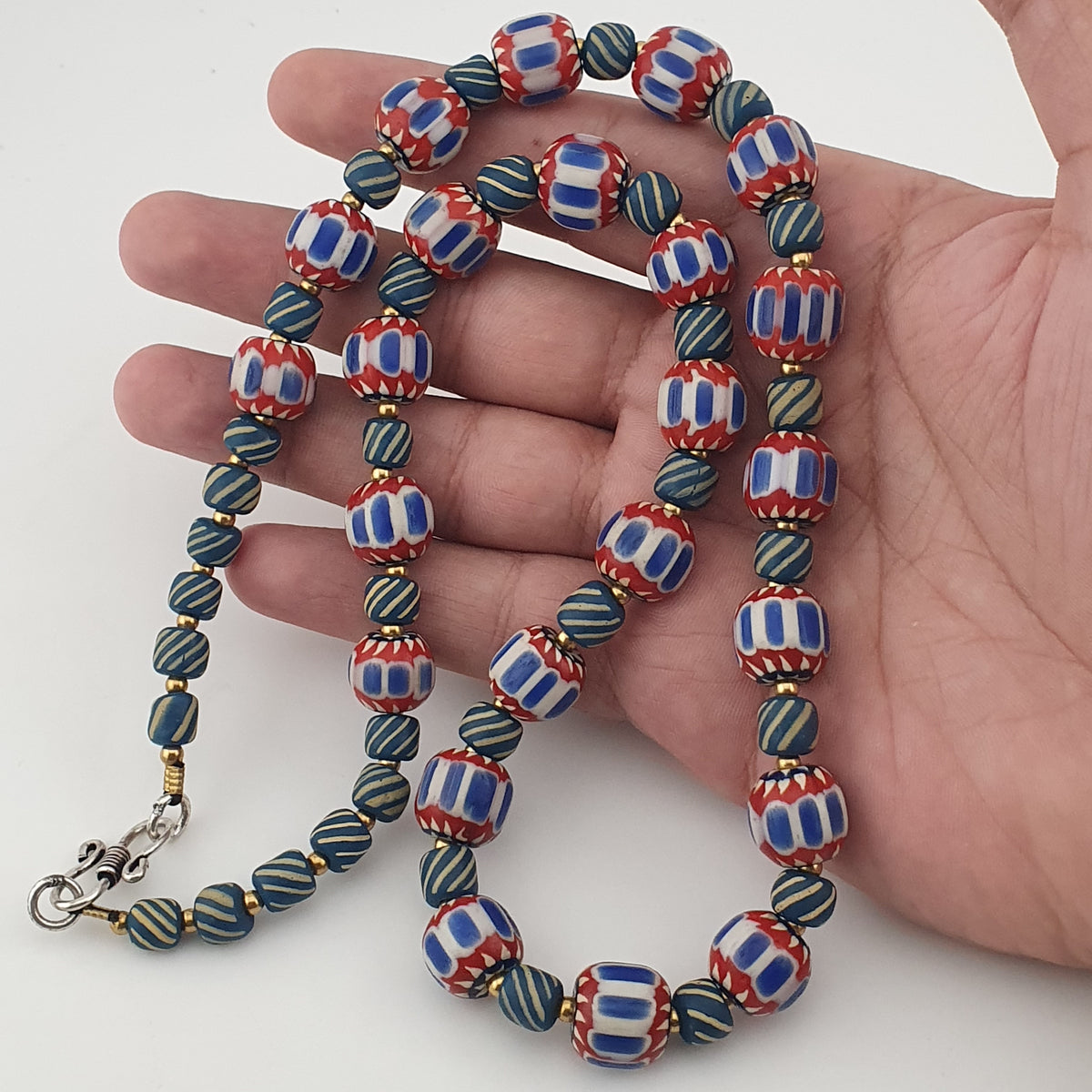 Vintage Venetian Style Chevron & Stripe Trade Glass Beads Necklace