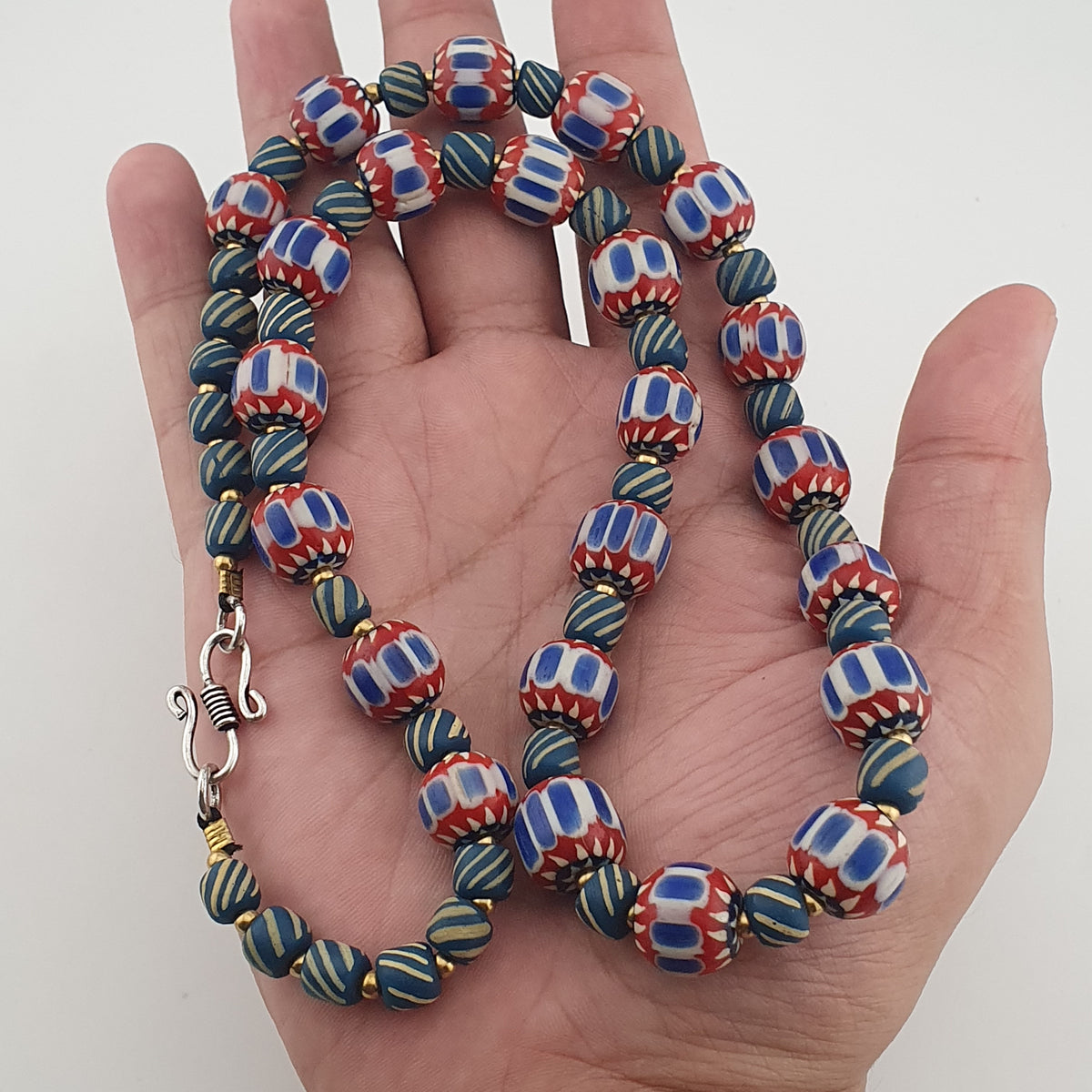 Vintage Venetian Style Chevron & Stripe Trade Glass Beads Necklace