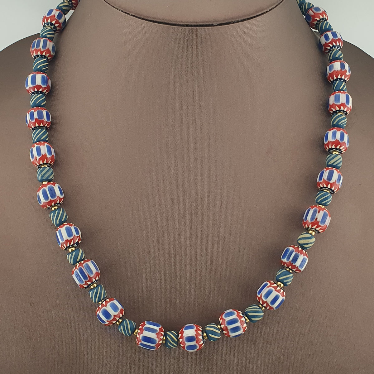 Vintage Venetian Style Chevron & Stripe Trade Glass Beads Necklace