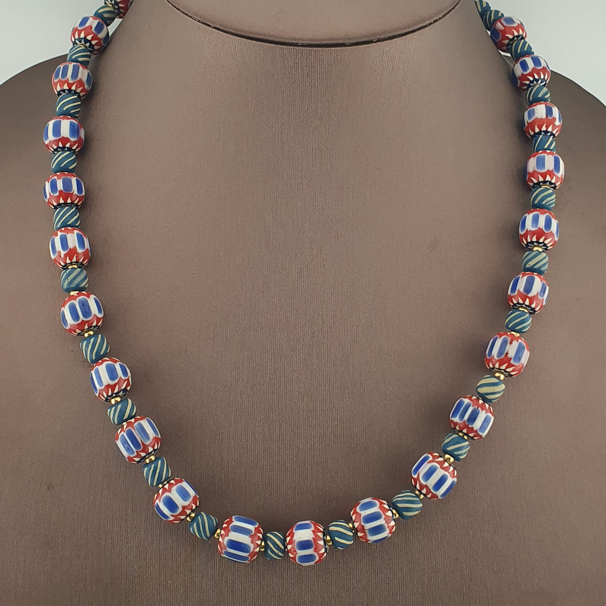Vintage Venetian Style Chevron & Stripe Trade Glass Beads Necklace