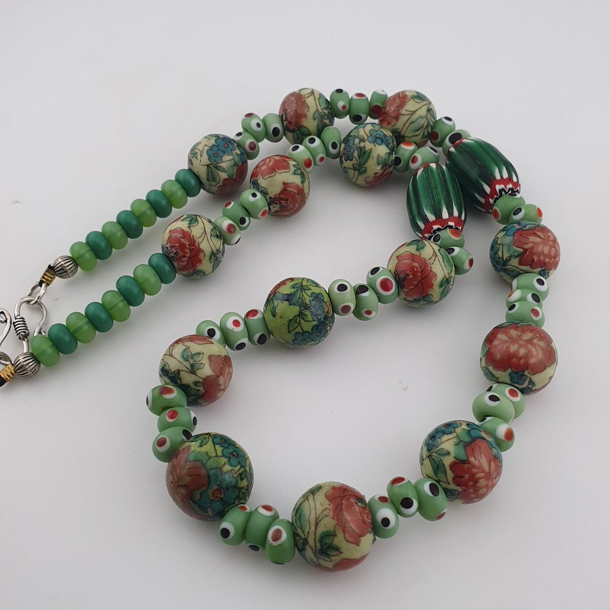Vintage Venetian Printed Floral & Eyes Glass Beads Necklace