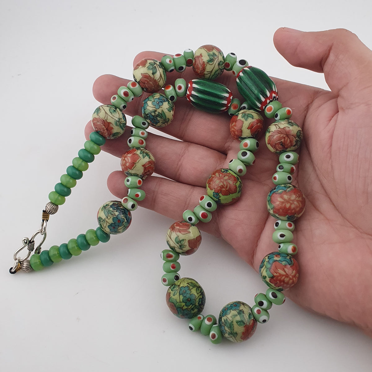 Vintage Venetian Printed Floral & Eyes Glass Beads Necklace