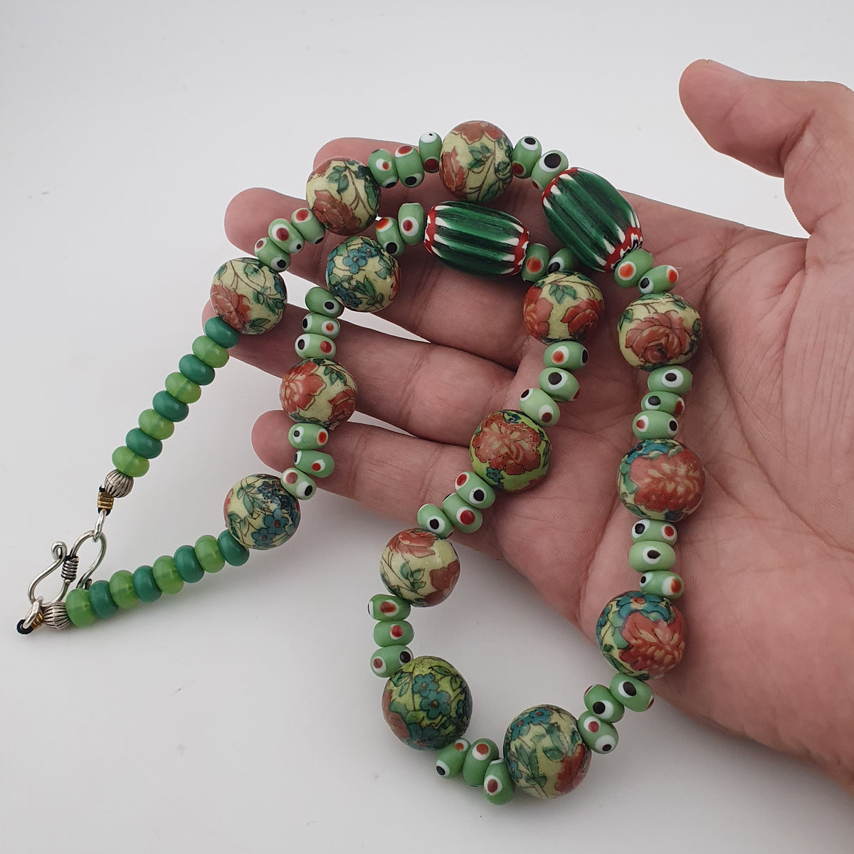 Vintage Venetian Printed Floral & Eyes Glass Beads Necklace