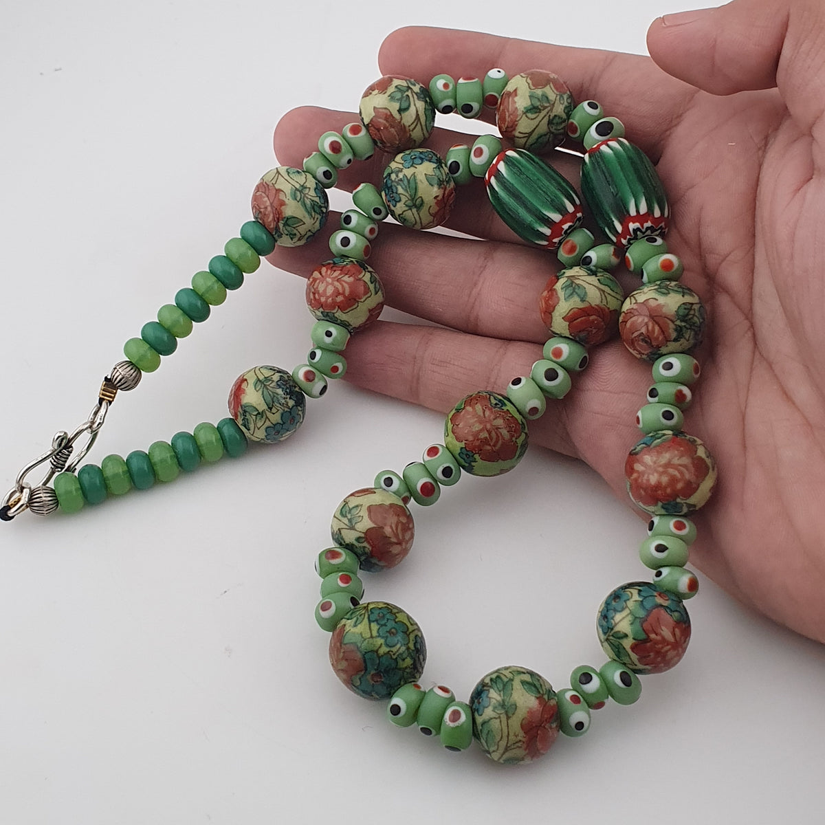 Vintage Venetian Printed Floral & Eyes Glass Beads Necklace