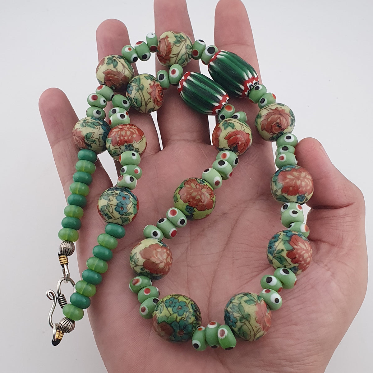 Vintage Venetian Printed Floral & Eyes Glass Beads Necklace