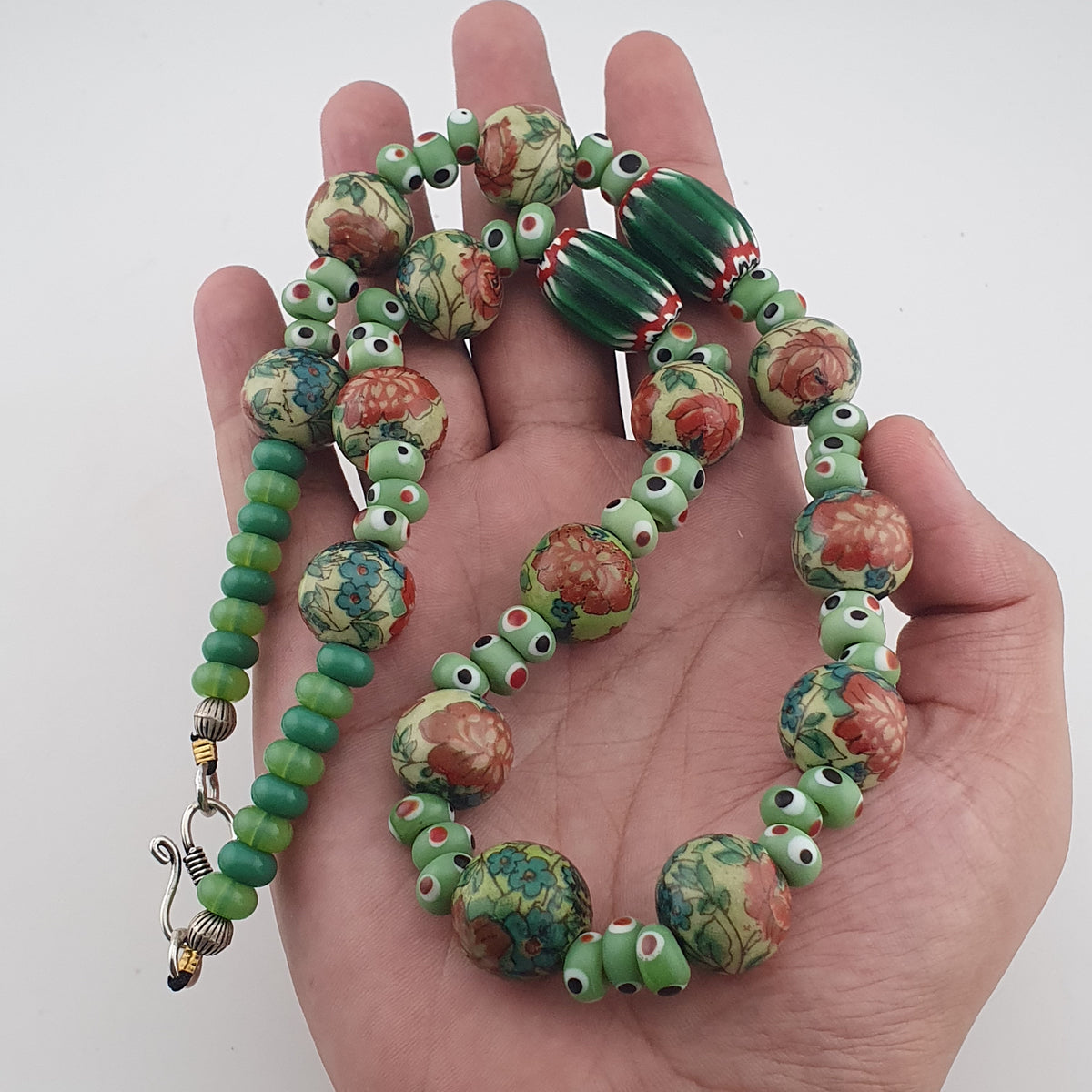 Vintage Venetian Printed Floral & Eyes Glass Beads Necklace