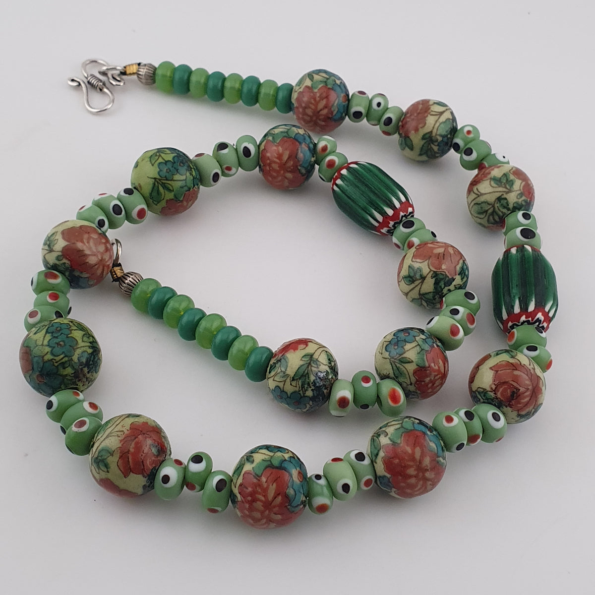 Vintage Venetian Printed Floral & Eyes Glass Beads Necklace