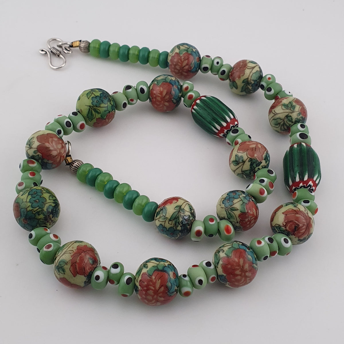 Vintage Venetian Printed Floral & Eyes Glass Beads Necklace