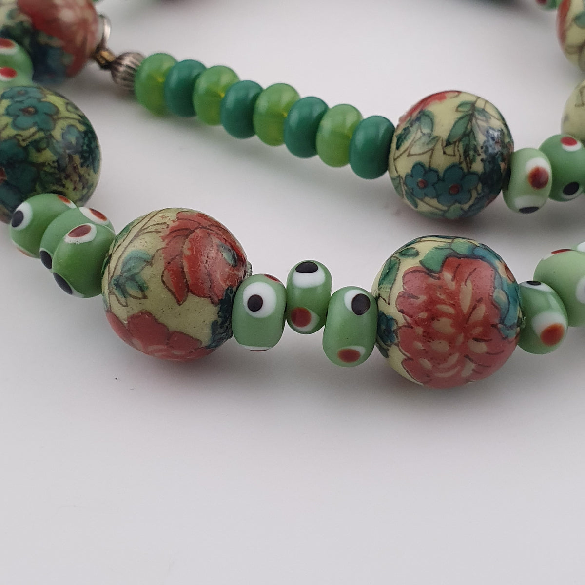 Vintage Venetian Printed Floral & Eyes Glass Beads Necklace
