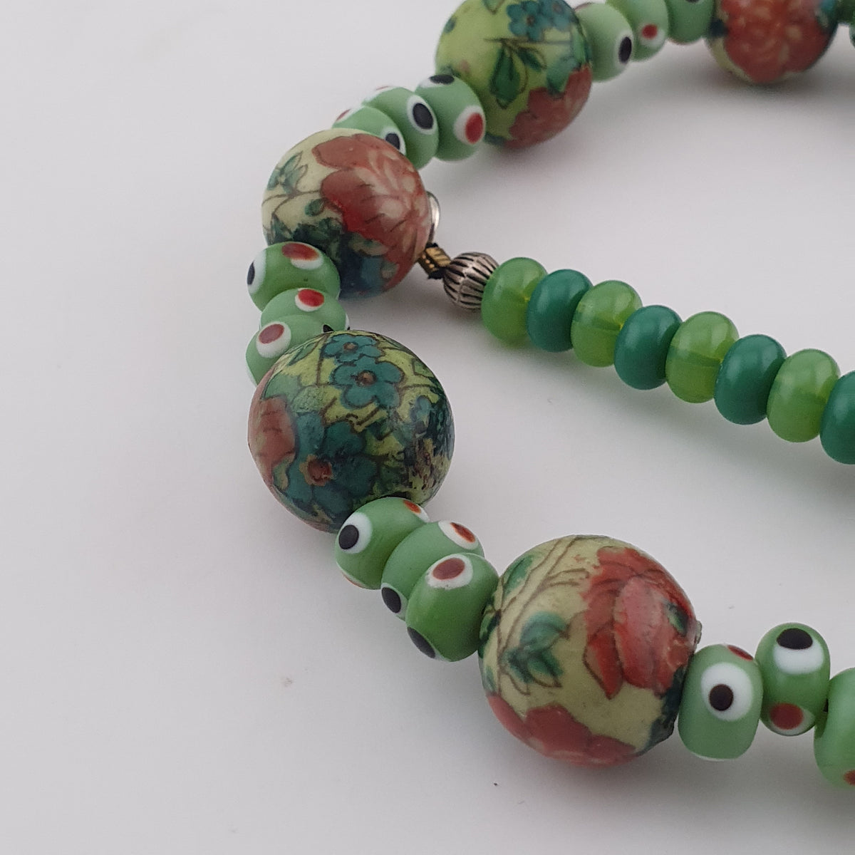 Vintage Venetian Printed Floral & Eyes Glass Beads Necklace