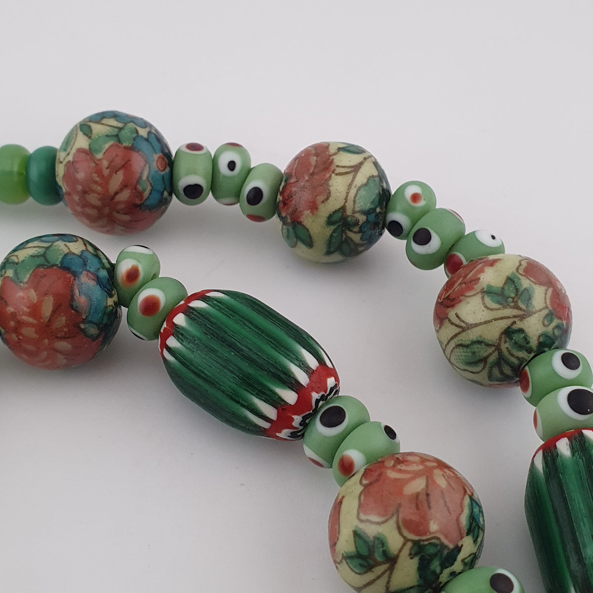Vintage Venetian Printed Floral & Eyes Glass Beads Necklace