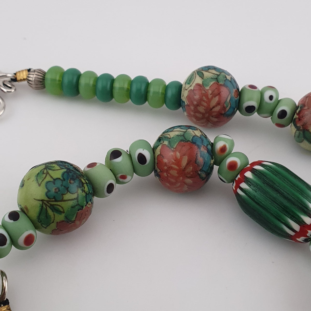 Vintage Venetian Printed Floral & Eyes Glass Beads Necklace