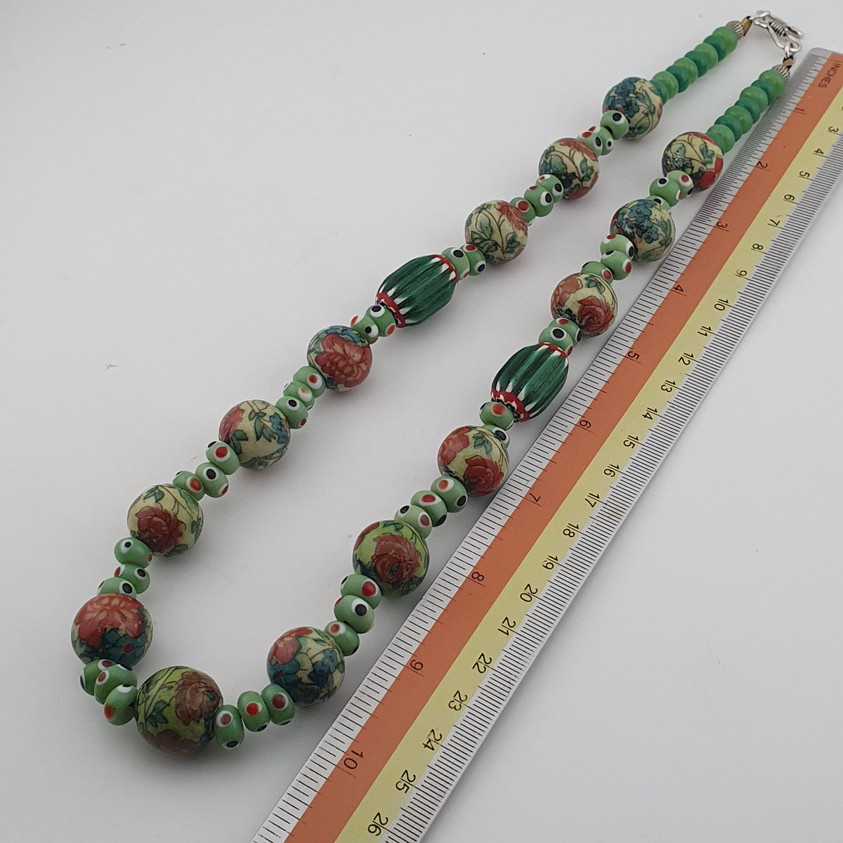 Vintage Venetian Printed Floral & Eyes Glass Beads Necklace